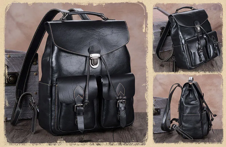 Funky Womens Square Genuine Leather Backpack Purse 14" Laptop Bag for Women