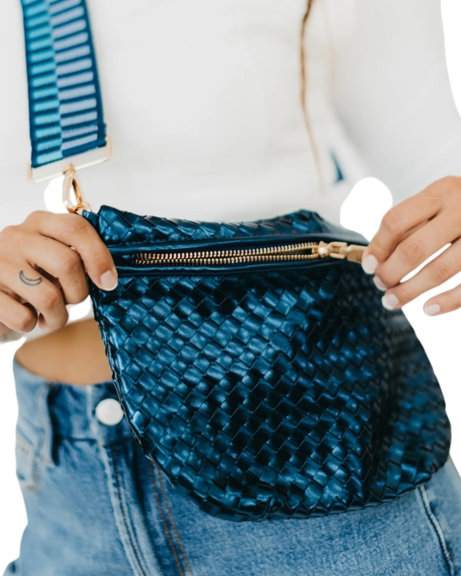 Metallic Navy Weekender Woven Crossbody Bag